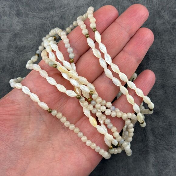 Vintage Natural Gemstone & Mother Of Pearl Rice Beads Necklace Double Strand 15" - Picture 10 of 13